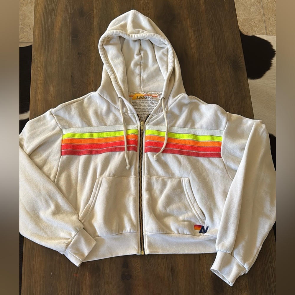 Aviator Nation White Hoodie with Neon Yellow & Orange Stripe Details